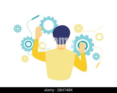 Flat vector illustration, back view of a business woman who works drawing gears on a blue and yellow wall. Management concept. Stock Vector