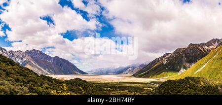 Panoramic view over the Tasman River valley, Canterbury, New Zealand Stock Photo