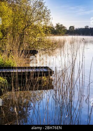 Fishing pontoons at Coate Water in Swindon. Stock Photo