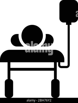 Patient lying on medical bed couch with dropper Man with dropping bottle Emergency therapy concept injecting resuscitation Intensive care icon black Stock Vector