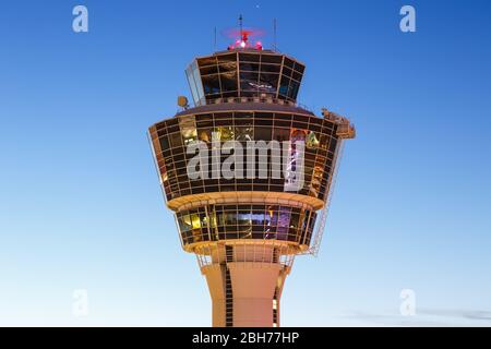 Munich, Germany – October 26, 2019: Tower at Munich airport (MUC) in Germany. Stock Photo