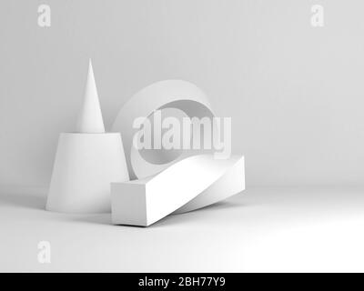 Abstract white still life installation with extended geometric primitives. 3d rendering illustration Stock Photo