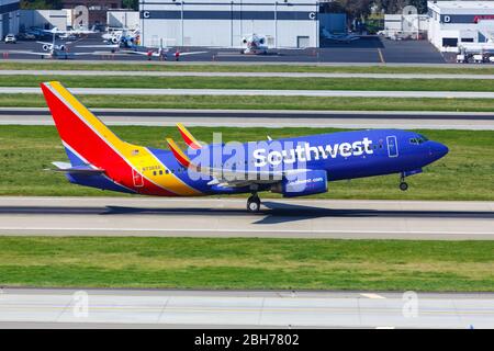 San Jose, California – April 10, 2019: Southwest Airlines Boeing 737-700 airplane at San Jose airport (SJC) in California. Stock Photo