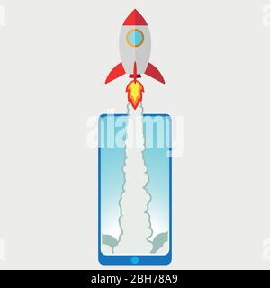 Flat style. The rocket on the side of the screen smartphone takes off Stock Vector