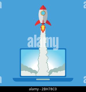 Flat style. The rocket on the side of the screen laptop takes off Stock Vector