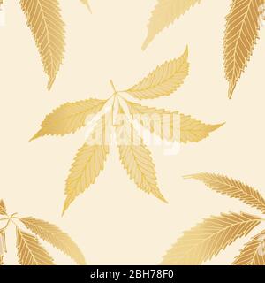 Gold foil style vector cannabis leaves seamless pattern background. Hand drawn line art hemp foliage backdrop. Elegant botanical marijuana design. All Stock Vector