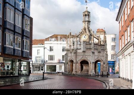 South Street & clock tower, Chichester is empty during coronavirus lockdown, West Sussex, England, March 2020 Stock Photo