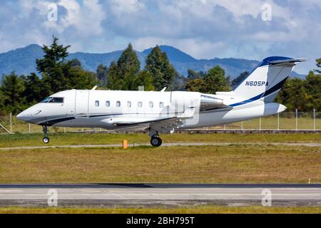Medellin, Colombia – January 26, 2019: Bombardier Challenger 605 airplane at Medellin airport (MDE) in Colombia. Stock Photo