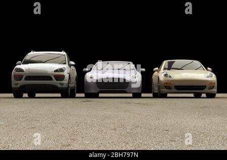 3D rendering of high-end cars in a warehouse.. Stock Photo
