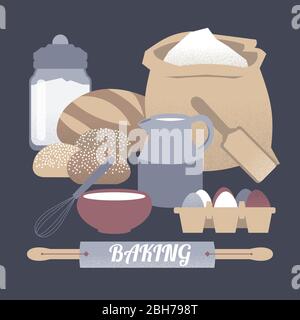 Home baking illustration with milk decanter, rolling pin, flour, sugar container and eggs. Stock Vector