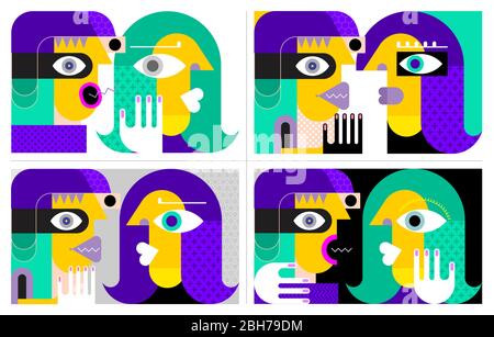 Four various options of People Talking vector illustration. Two people are talking to each other. Modern art style graphic. Stock Vector
