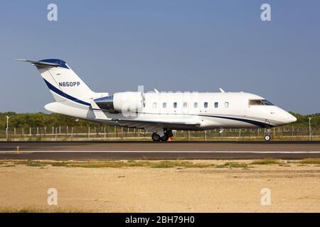 Cartagena, Colombia – January 27, 2019: Private Bombardier Challenger 604 airplane at Cartagena airport (CTG) in Colombia. Stock Photo