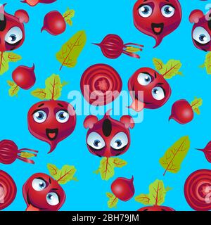 Cute seamless pattern with cartoon emoji beetroot on blue background Stock Vector