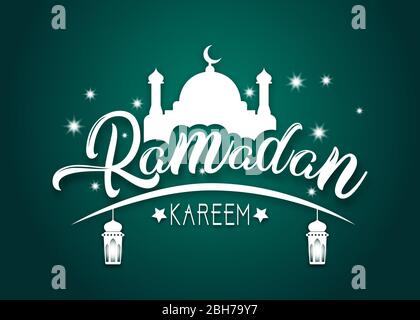 Ramadan Kareem islamic design, white mosque silhouette and two hanging lanterns, on a starry green background Stock Vector
