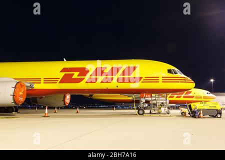 Stuttgart, Germany – December 6, 2019: DHL Boeing 757-200SF airplane at Stuttgart airport (STR) in Germany. Boeing is an American aircraft manufacture Stock Photo