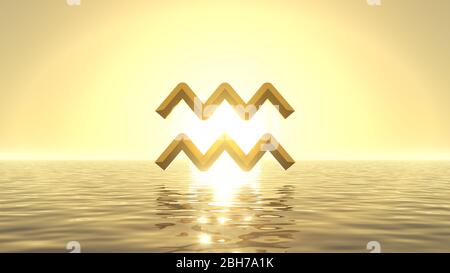 heavenly sunrise on golden sea with sign of aqua on front of sun. suitable for zodiac, sea and religious themes. 3d illustration Stock Photo