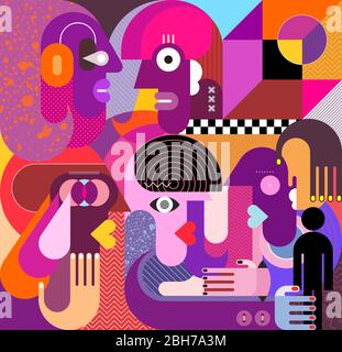 Modern geometric style portrait of five different people and human silhouette. Abstract art vector illustration. Stock Vector