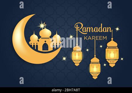 Ramadan Kareem islamic design, crescent moon and yellow mosque silhouette, three luminous lanterns hanging, on a blue background and pattern. Stock Vector