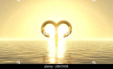 heavenly sunrise on golden sea with sign of aries on front of sun. suitable for zodiac, sea and religious themes. 3d illustration Stock Photo