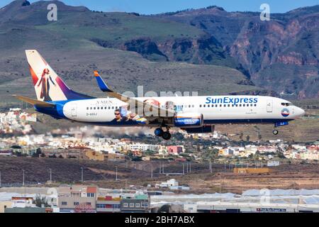 Gran Canaria, Spain – November 24, 2019: SunExpress Germany Boeing 737-800 airplane at Gran Canaria airport (LPA) in Spain. Boeing is an American airc Stock Photo