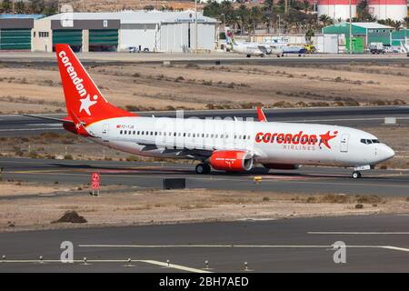 Gran Canaria, Spain – November 24, 2019: Corendon Airlines Boeing 737-800 airplane at Gran Canaria airport (LPA) in Spain. Boeing is an American aircr Stock Photo
