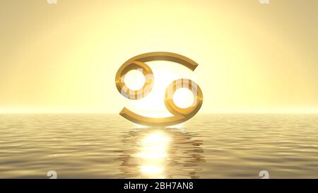 heavenly sunrise on golden sea with sign of cancer on front of sun. suitable for zodiac, sea and religious themes. 3d illustration Stock Photo