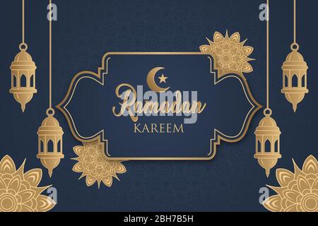 Beautiful Ramadan Kareem greeting card designs, with a crescent moon and lanterns that hang brown and floral ornament, on a blue background. Stock Vector