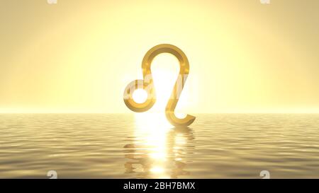 heavenly sunrise on golden sea with sign of leo on front of sun. suitable for zodiac, sea and religious themes. 3d illustration Stock Photo