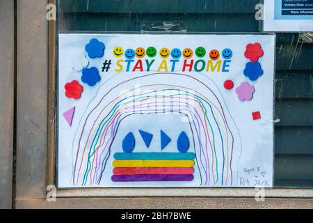 Windsor, Berkshire, UK. 24th April, 2020. Windows at Windsor Police Station filled with children's artwork and drawings thanking the NHS and bringing hope and love to NHS staff, carers and key workers during the Coronavirus Pandemic Lockdown. Credit: Maureen McLean/Alamy Live News Stock Photo