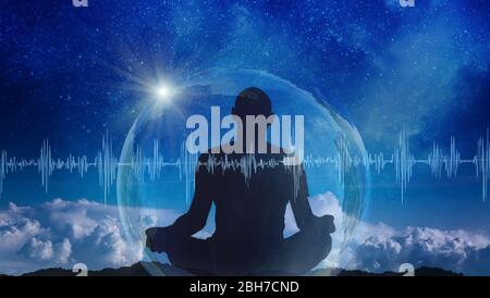 Yoga cosmic space meditation illustration, silhouette of man practicing  outdoors at night Stock Photo - Alamy