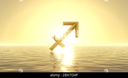 heavenly sunrise on golden sea with sign of sagittarius on front of sun. suitable for zodiac, sea and religious themes. 3d illustration Stock Photo