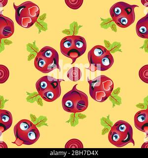 Cute seamless pattern with cartoon emoji beetroot on yellow background Stock Vector