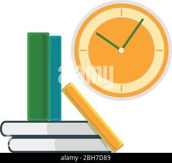 Green book stand with textbook and wall watch isolated on white, flat vector illustration. Home interior stuff, cozy fixture object. Stock Vector