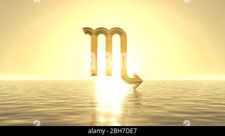 heavenly sunrise on golden sea with sign of scorpio on front of sun. suitable for zodiac, sea and religious themes. 3d illustration Stock Photo