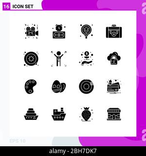 16 Universal Solid Glyph Signs Symbols of luggage, health, stopwatch, camping, pack Editable Vector Design Elements Stock Vector