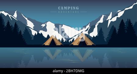camping adventure by the lake in the wilderness at snowy mountains vector illustration EPS10 Stock Vector