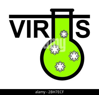 The word virus with a stylized letter u, in the form of a flask with viruses, coronavirus, 2019-nCov, covid-19. Modern flat vector image for article, Stock Vector