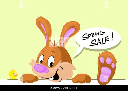 Cute Bunny Peeking Out from White Design with Spring Sale Bubble - Funny Vector Illustration Stock Vector