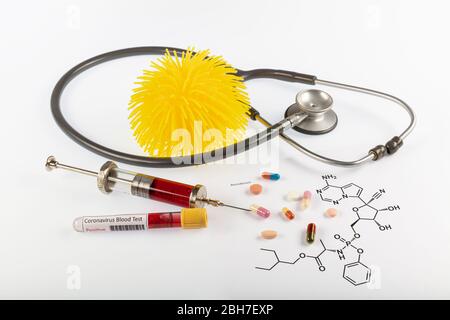 Remdesivir antiviral, thought to could cure Covid-19 respiratory sickness. Remdesivir molecule and some medicines/injection syringe near the coronavir Stock Photo