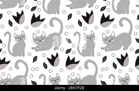 Cute cats seamless pattern. Kittens endless background, repeating texture. Vector illustration Stock Vector