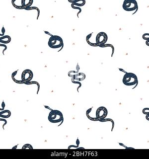 Cartoon drawn blue snakes vector seamless pattern. Stock Vector