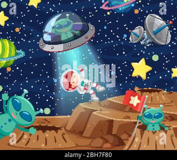 Background scene with astronaut and aliens in the space illustration Stock Vector