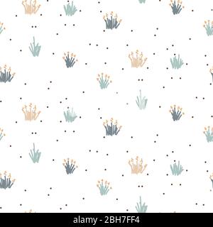 Grass floral seamless pattern with tiny plant meadow. Vector pastel blue background. Stock Vector