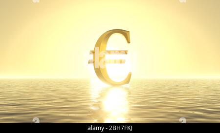 heavenly sunrise on golden sea with sign of euro on front of sun. suitable for economy, sea and religious themes. 3d illustration Stock Photo