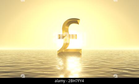 heavenly sunrise on golden sea with sign of pound on front of sun. suitable for zodiac, sea and religious themes. 3d illustration Stock Photo