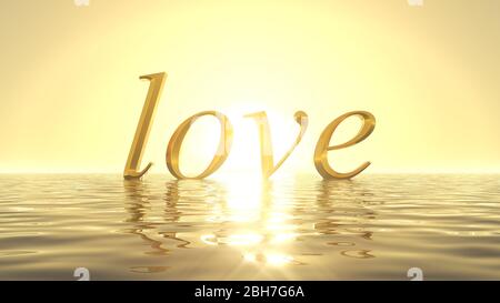 heavenly sunrise on golden sea with word of love on front of sun. suitable for love, sea and religious themes. 3d illustration Stock Photo