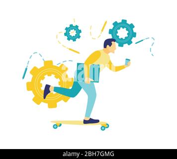 Flat vector illustration of a business concept, Businessman in a business suit on a longboard walk with a cup of coffee in his hand. The freelance man Stock Vector
