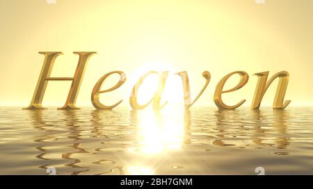 heavenly sunrise on golden sea with word of heaven on front of sun. suitable for heaven, sea and religious themes. 3d illustration Stock Photo