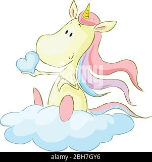 Cute Unicorn Sitting on Cloud, Holding Heart from Glouds - Vector Illustration Stock Vector