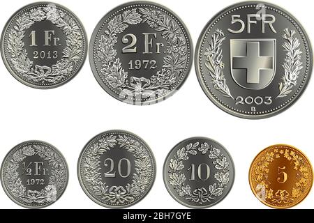 Set of Swiss Francs money, official coin in Switzerland, reverse faces with federal coat of arms, value, year, branches of plants Stock Vector